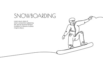 Web banner with guy riding a snowboard one line art. Continuous line drawing of promotion poster sport, winter sports, do tricks, snowboarding, competition, extreme, uniform, man, leisure, hobby.