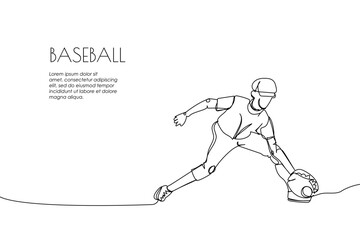 Web banner with baseball player, pitcher, catcher one line art. Continuous line drawing of promotion poster sport, team game, catch ball, baseball glove, boy, baseball uniform, leisure, hobby.