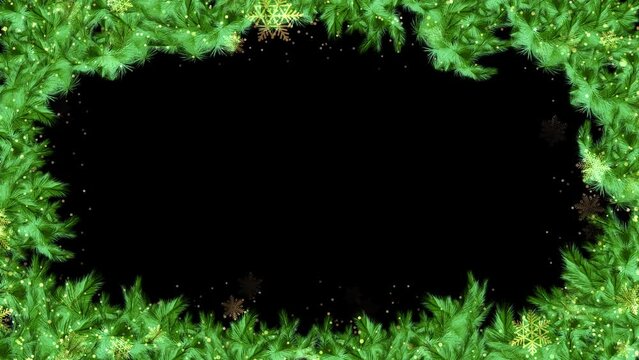 New year and Christmas 2023, 2024 4K 3D loop animation. Background. Christmas Frozen tree branches and white snowflakes. Christmas festive frame with fir branches, decorations. greeting card
