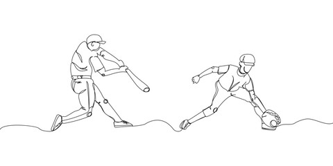 Baseball players, pitcher, catcher set one line art. Continuous line drawing sport, team game, catch ball, baseball glove, protective, batter, baseball uniform, man, leisure, hobby.