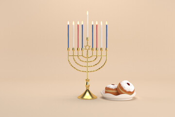 3d rendering Image of Jewish holiday Hanukkah withmenorah or traditional Candelabra and donuts on a  yellow background.