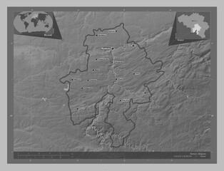 Namur, Belgium. Grayscale. Labelled points of cities