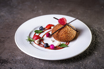 dessert shortbread cookies with jam and berries on a white plate on a photo background