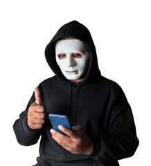 Anonymous masked hacker is using smartphones to penetrate financial data with clipping path, hacking and malware concept.