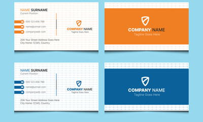 Abstract clean elegant creative corporate modern professional construction building house business real estate home name visiting card template design blue orange colors.