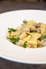 chicken and mushroom pasta close-up on a white plate