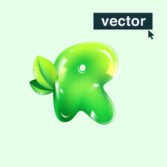 R letter eco logo in realistic 3D design and cartoon balloon style. Glossy green vector illustration.