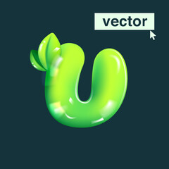 Fototapeta premium U letter eco logo in realistic 3D design and cartoon balloon style. Glossy green vector illustration.