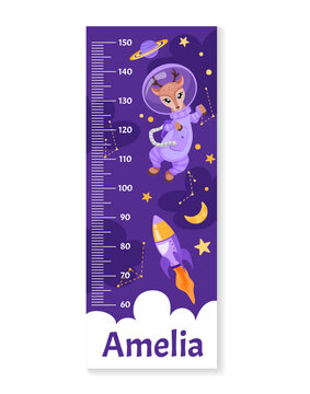 Kids height chart with animal astronaut in space suit, planets, spaceships, rockets, stars and moon. Meter wall or Growth ruler. Vector cartoon children illustration