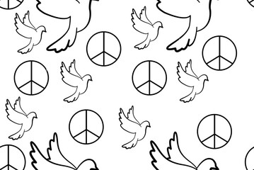 Illustration of a seamless pattern of a dove on an isolated white background. Peace logo and symbol. We pray for Ukraine. No war. World peace day concept.
