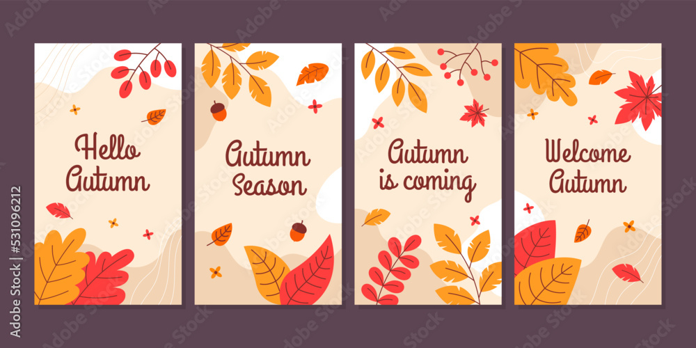 Poster set of abstract autumn backgrounds in creative trendy style with copy space for text. editable templ