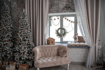 Window sill with New Year's elements - Christmas trees, decorations, Christmas balls. Merry Christmas and Happy New Year greeting card. Cozy background