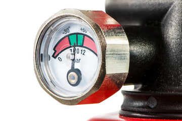 Manometer of a fire extinguisher. The pressure gauge is in the ideal range