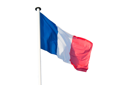 French Flag blowing in the wind with transparent background
