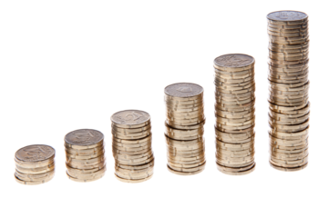 Increasing piles of european 20 cent coins, transparent background