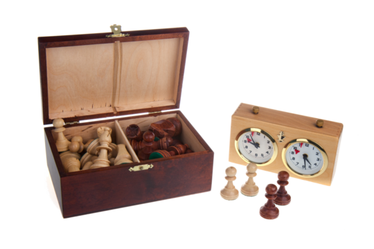 Chess pieces and a chess clock, transparent background