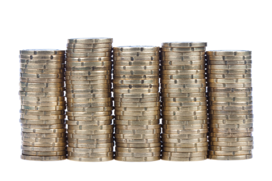 Piles of european 20 cent coins, transparent background