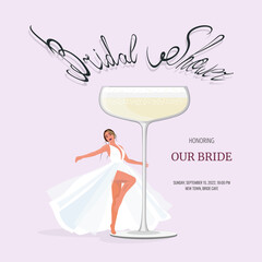 Bridal shower honoring bride. Woman with a glass of champagne. Invitation	