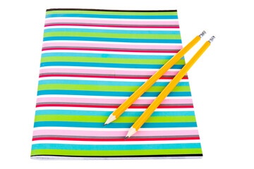 Colorful exercise book with wooden pencils, transparent background