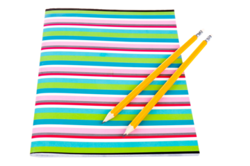 Colorful exercise book with wooden pencils, transparent background