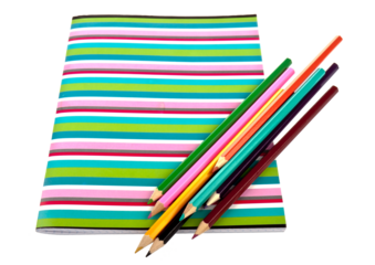 Exercise book with colorful pencils, transparent background