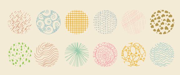 Set of round abstract colored hand drawn doodle shapes. Backgrounds in the form of a circle of spots, lines, splashes, curves, stripes and dots.