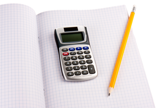 Calculator with pencil on squared paper isolated over white - Powered by Adobe