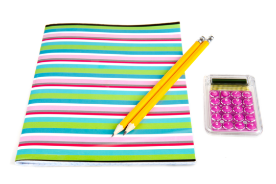 Colored exercise book with wooden pencils and calculator, transparent background