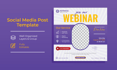 Corporate Digital marketing live webinar promotion templates for social media. Editable layouts for instagram and facebook for teachers and influencers