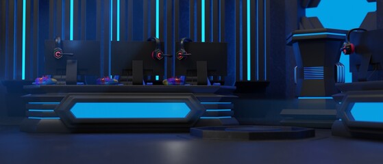 Electronic sports championship with computers. 3d illustration