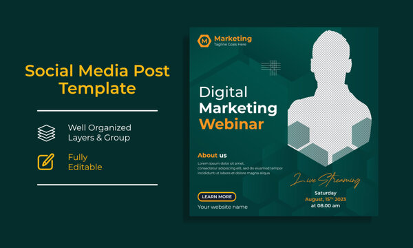 Corporate Digital marketing live webinar promotion templates for social media. Editable layouts for instagram and facebook for teachers and influencers