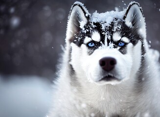Siberian Husky Dog in the Winter Snow with Frosted Fur