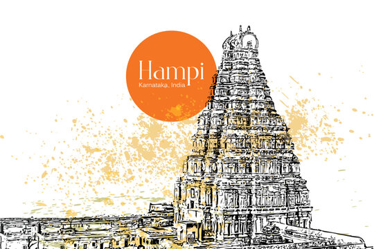 Virupaksha Temple, Hampi Karnataka, India, vector hand drawing illustration 