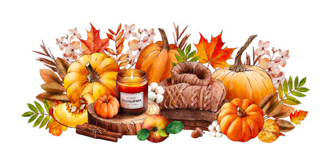 Watercolor autumn illustration: woolen sweaters, candle in glass, pumpkins, autumn leaves, dry flowers, hydrangea. Hand drawn Hygge composition for sticker, invitation, card, banner