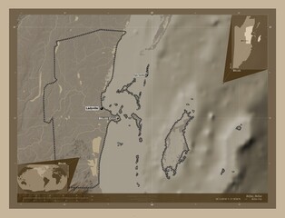 Belize, Belize. Sepia. Labelled points of cities
