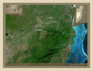 Cayo, Belize. High-res satellite. Labelled points of cities