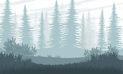 Silhouette of a meadow and spruce forest. Realistic vector landscape