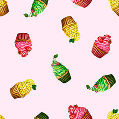 Multi-colored cupcakes with cream. Seamless pattern. Watercolor illustration. For textiles and packaging.