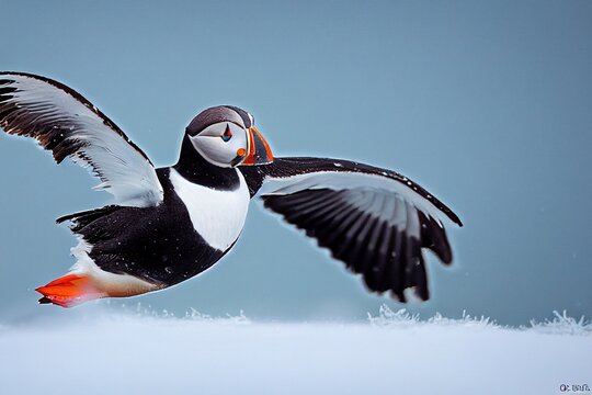 Atlantic Puffin Flying Over The Frozen Tundra