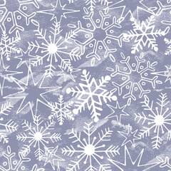 Cute white snowflakes and stars. Seamless winter pattern. Vector illustration.