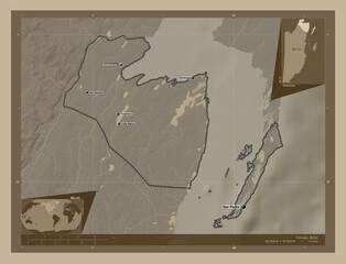 Corozal, Belize. Sepia. Labelled points of cities