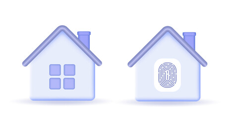 Obraz premium House icon symbols. Real estate, loan, mortgage, the concept of return. Home fingerprint badge symbols, biometric identification. 3D vector image.