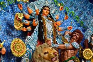 Goddess Durga idol at decorated Durga Puja pandal, durga idol of kolkata durga puja festival