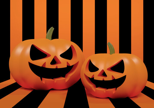 3D render pumpkin smile face Jack-o-lanterns two head on black and orange pattern background, Design for poster halloween background colorful. illustration rendering design 3D.
