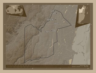 Orange Walk, Belize. Sepia. Labelled points of cities