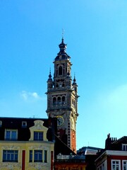 Lille, September 2022: Magnificent facades of the buildings of Lille, the capital of Flanders - Historic Monument : Belfry