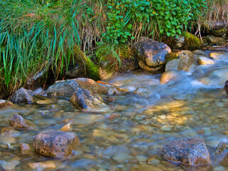 Water of a river flowing between the rocks with plants and moss