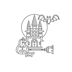 Happy Halloween holiday. Vector linear icon. Card. Castle, pumpkin, bat.