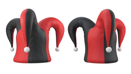 A set of black and red jester hats on a white background, 3d render