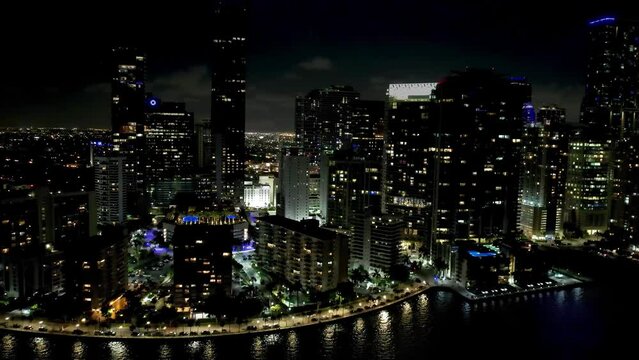 Miami skyline at night. Aerial night landscape of downtown Miami Florida United States. Cityscape landscape. Miami Florida. Miami United States. Night life at downtown district.